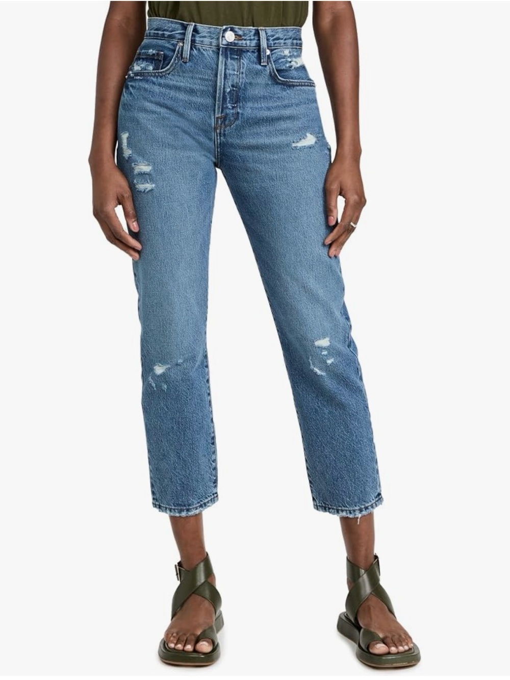 Frame High rise cropped Denim Button-Fly Jeans. Style # LOJ385 in Patina